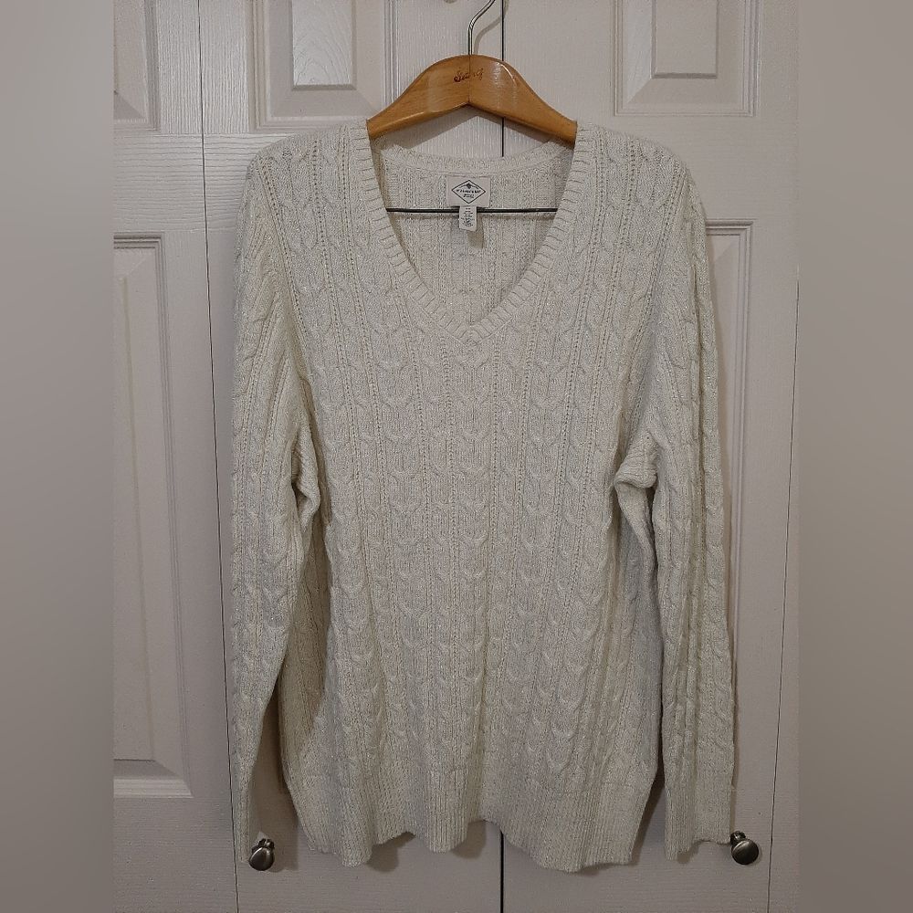 St. John's Bay Cable Knit Sweater Women's 2x Off White Sparkling Shimmer V-Neck
